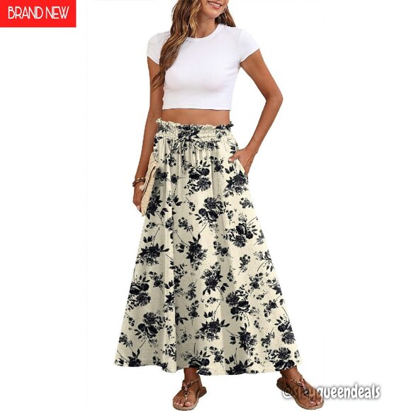 Dresses & Skirts - Maxi Skirt with Pockets, Elastic High Waist, Tie Knot, Chiffon, Boho Style